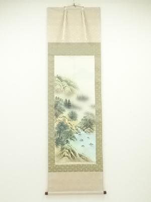 青治筆　彩色山水　肉筆絹本掛軸